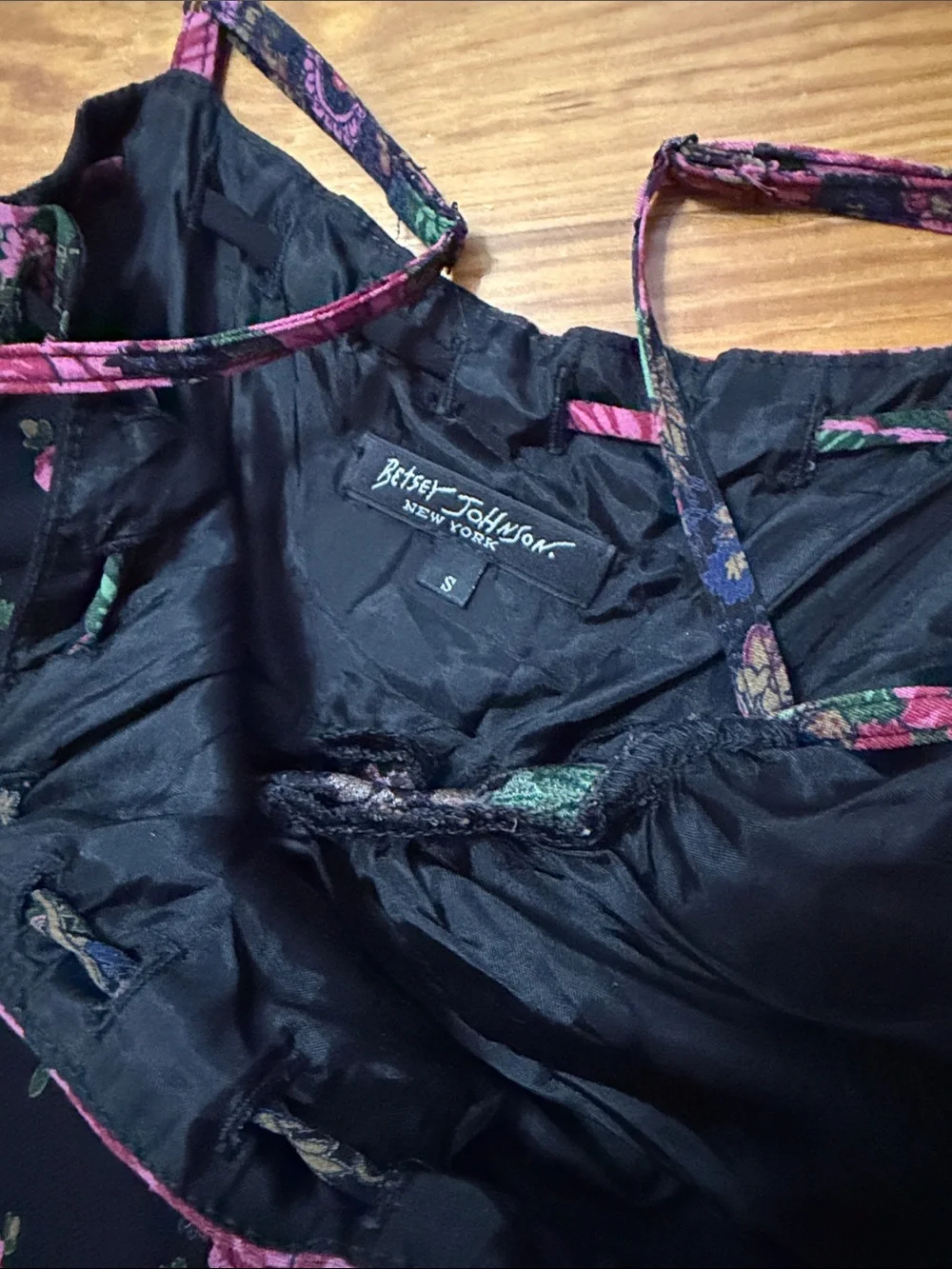 Vintage Betsy Johnson Small Floral Black Maxi Dress with Pink Rose Print - Picture 2 of 4
